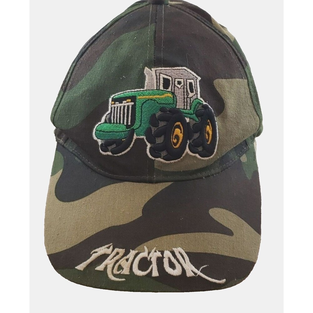 Boys Ocean Blue Adjustable Baseball Cap with Camo Background, Tractor Theme